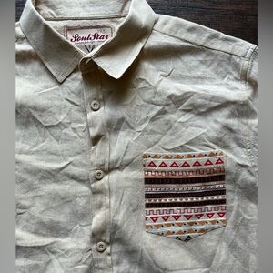 Men's Soulstar Shirt Beige Multicolor Pocket Button-Down XL Aztec Street Tribal